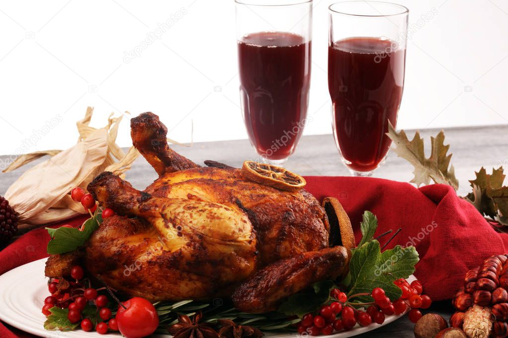 Baked turkey or chicken. The Christmas table is served with a tu