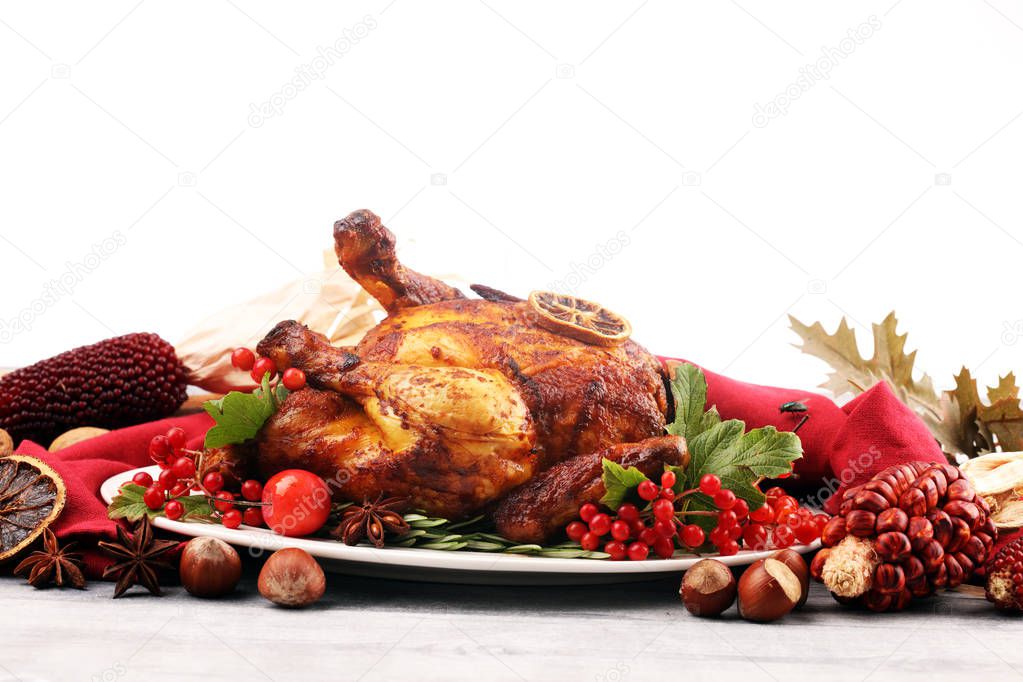 Baked turkey or chicken. The Christmas table is served with a tu