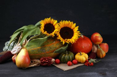 Sonbahar doğa kavramı. Sonbahar meyve ve sebze ahşap üzerine. Teşekkürler