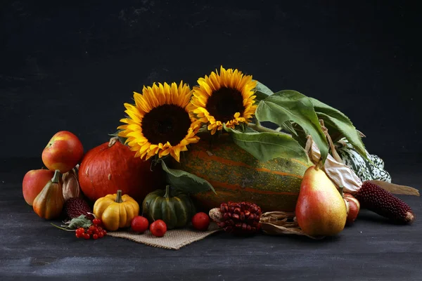秋天的自然观。秋季水果和蔬菜在木头上。谢谢你 — 图库照片