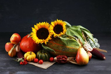 Sonbahar doğa kavramı. Sonbahar meyve ve sebze ahşap üzerine. Teşekkürler