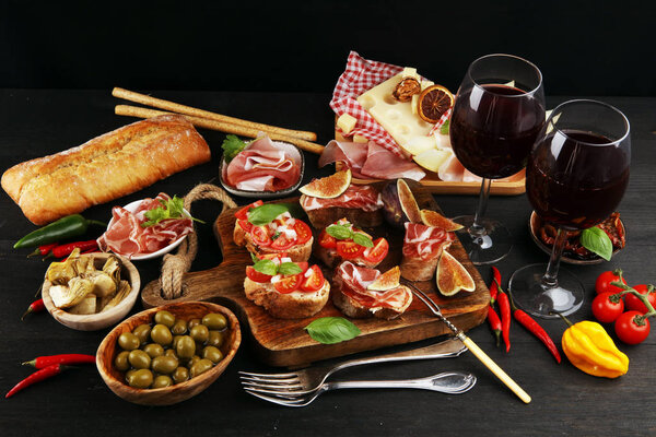 Italian antipasti wine snacks set. Cheese variety, Mediterranean