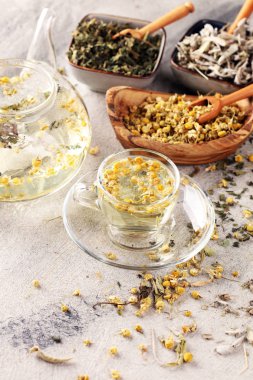 Papatya, adaçayı ve ısırgan otu çayı ile çay. Kurutulmuş chamomil