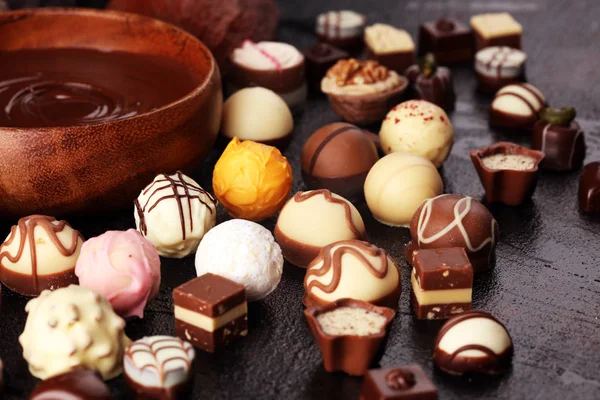 A lot of variety chocolate pralines, belgian confectionery gourm — Stock Photo, Image