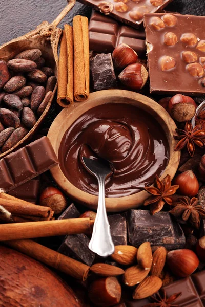 Piezas de chocolate y chocolate derretido remolino. Foto de comida dulce c — Foto de Stock