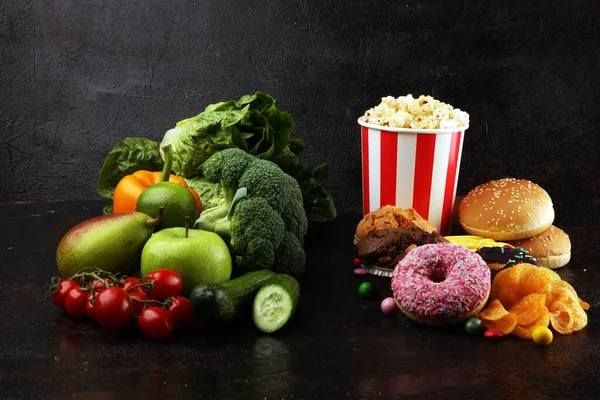 healthy or unhealthy food. Concept photo of healthy and unhealth