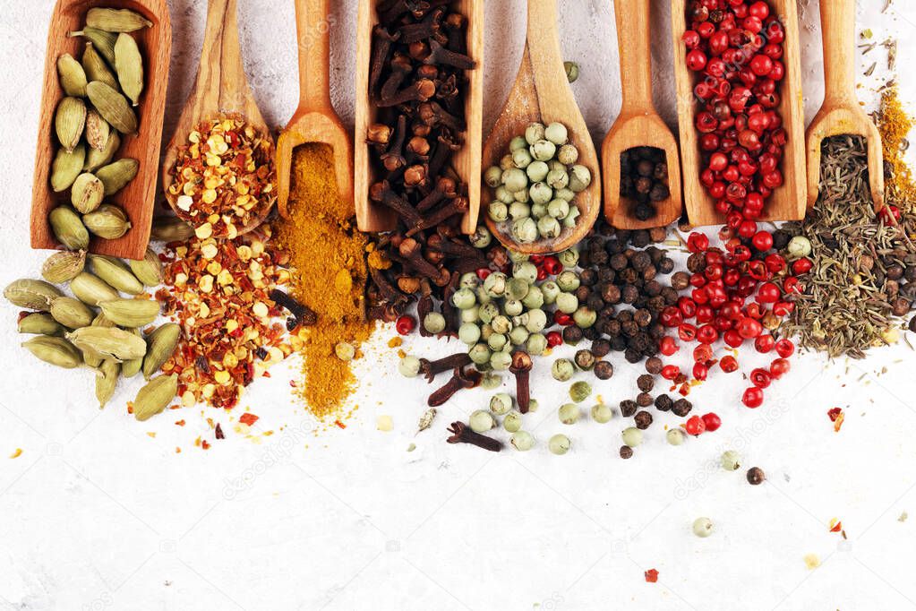 Spices with pepper on table. Food and cuisine ingredients for co