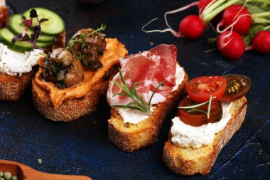 Çeşitli malzemelerle çeşitli bruschetta. İştah açıcı bruschetta