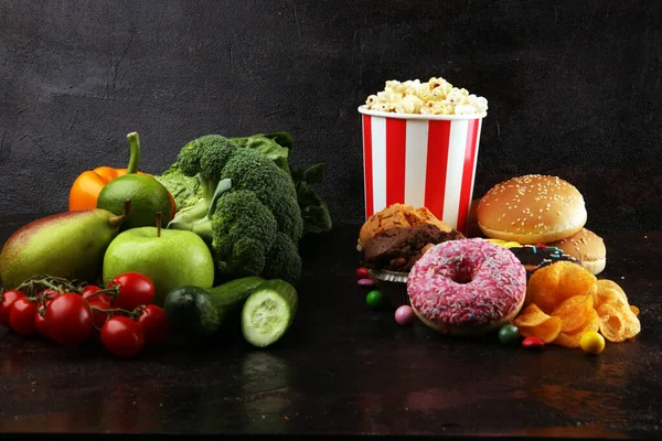 healthy or unhealthy food. Concept photo of healthy and unhealth