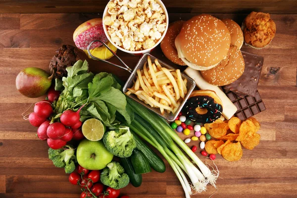 healthy or unhealthy food. Concept photo of healthy and unhealth