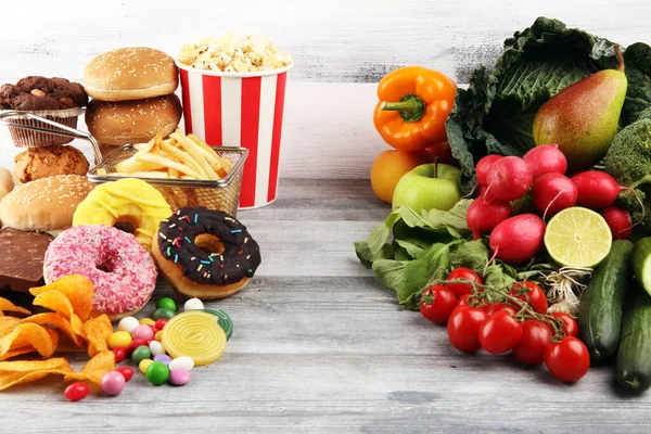 healthy or unhealthy food. Concept photo of healthy and unhealth