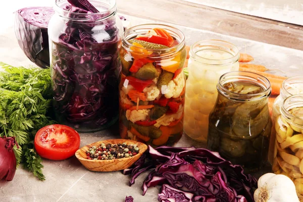 Preserves Vegetables Glass Jars Pickled Cucumber Carrot Fermented Cabbage Onions — Stock Photo, Image