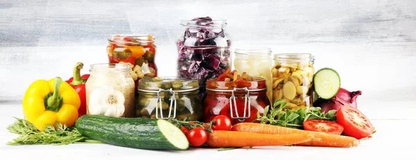 Preserves Vegetables Glass Jars Pickled Cucumber Carrot Fermented Cabbage Onions — Stock Photo, Image