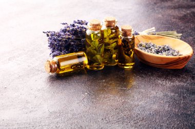 Bahçeden taze bitkiler ve masaj için farklı türde yağlar ve lavantalı aromaterapi. Mutfak bitkisi seti.. 