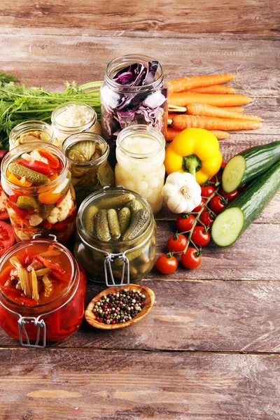 Preserves Vegetables Glass Jars Pickled Cucumber Carrot Fermented Cabbage Onions — Stock Photo, Image