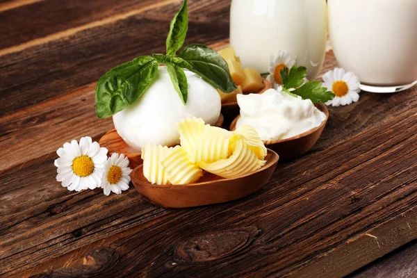 Productos Lácteos Sabrosos Productos Lácteos Saludables Sobre Una Mesa Mozzarella — Foto de Stock