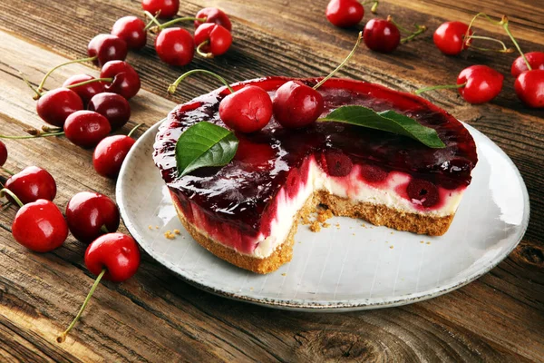 Home Made Cherry Cake Vanilla Black Cherries Wooden Table — Stock Photo, Image