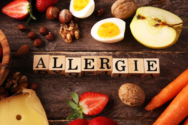 Concept Aliments Allergiques Aliments Allergiques Comme Les Amandes Lait Fromage — Photo