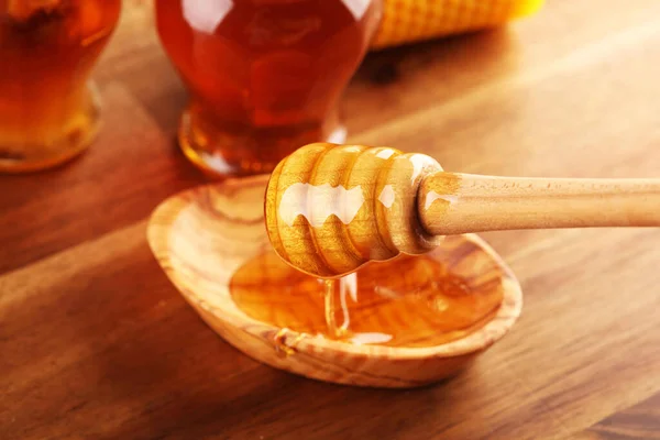 Honey Jar Honey Dipper Rustic Wooden Background — Stock Photo, Image