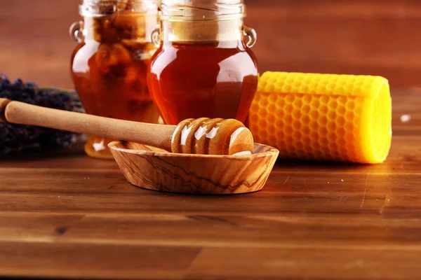 Honing Pot Met Honingdipper Rustieke Houten Ondergrond — Stockfoto