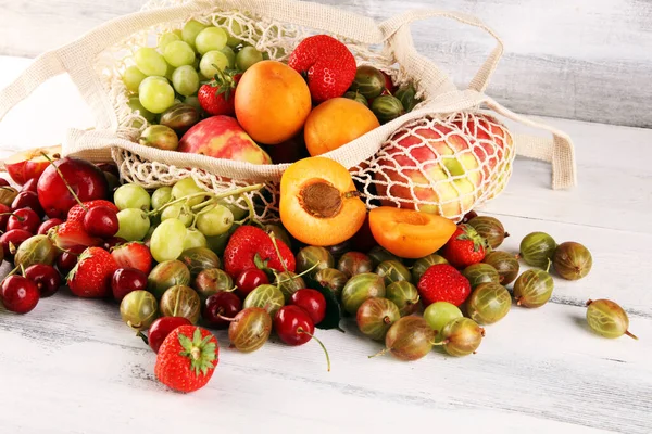 Fresh Summer Fruits Eco Bag Apple Grapes Berries Plums Organic — Stock Photo, Image