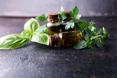 Bahçeden taze çiğ otlar ve masadaki değişik yağlar ve aromaterapi için.