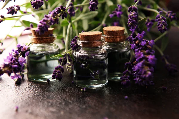 Sağlıklı aromaterapi masaj konsepti için taze lavanta çiçekleriyle birlikte cam lavanta yağı şişesi.. 