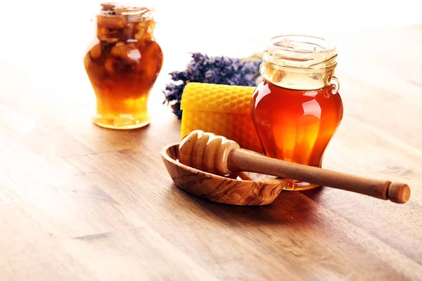 Honey Jar Honey Dipper Rustic Wooden Background — Stock Photo, Image