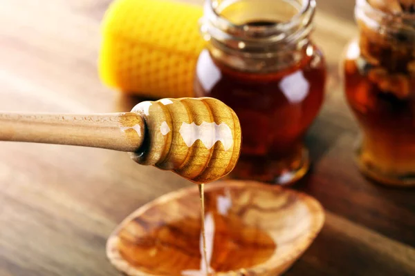 Honey Jar Honey Dipper Rustic Wooden Background — Stock Photo, Image