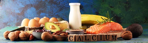 Best Calcium Rich Foods Sources. Healthy eating. Foods rich in calcium such as bean, almonds, hazelnuts, spinach leaves, cheese, and milk