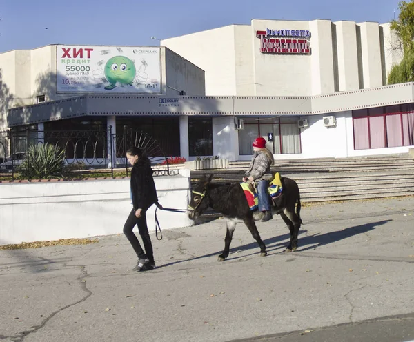 Donna Che Cammina Con Asino Mentre Bambina Cavalca Esso Tiraspol — Foto Stock