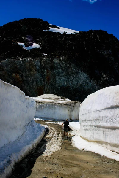 Summer snow väggar i Whistler. Väg genom snön väggar. Vandring på sommaren i British Columbia. — Stockfoto