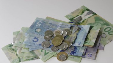 Kanada parasına çeşitli mezheplerin beyaz zemin üzerine yayıldı. bütçe, yatırım veya vergi ödeyen kavramı.