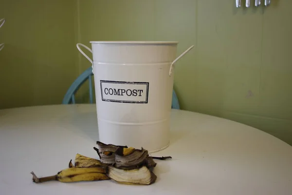 Ein beschrifteter Komposteimer mit Bananenschalen davor, bereit zur Sortierung. Thema Mülltrennung in die richtige Tonne. — Stockfoto