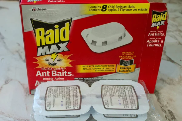 London Kanada, április 20 2019: szerkesztőségi szemléltető fotó RAID hangya csapdák készen kell létrehozni. Mivel felmelegszik hangyák kezdenek támadni otthonok — Stock Fotó