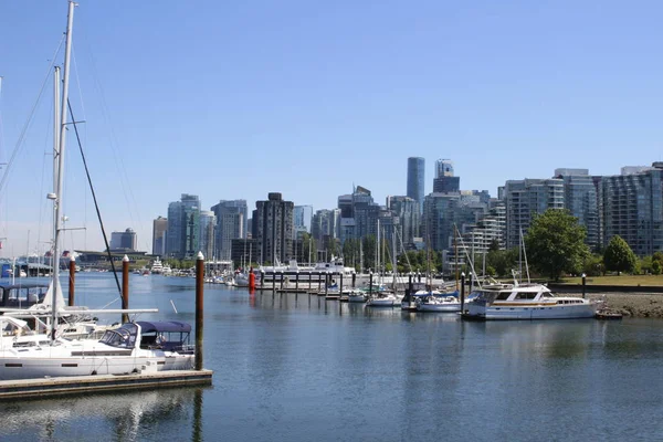 Juni 18 2018, Vancouver Canada: redactionele afbeelding van False Creek Boat Harbour. Dit is een zeer rijk gebied van Vancouver — Stockfoto