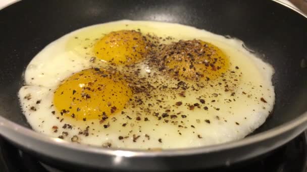 Σεφ ρίχνει ένα αυγό τηγανίσματος, ηλιόλουστη πλευρά προς τα πάνω, με πιπέρι εδάφους σε ένα μικρό τηγάνι πάνω από ένα βιομηχανικό φούρνο αερίου καύση. — Αρχείο Βίντεο