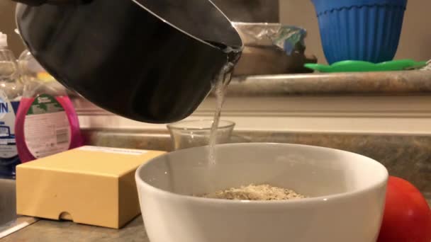 Porridge di farina d'avena. Cibo sano. Al rallentatore. Cibo sano. Farina d'avena in una ciotola profonda con cachi, albicocche secche, prugne secche, noci, semi di zucca e sesamo — Video Stock