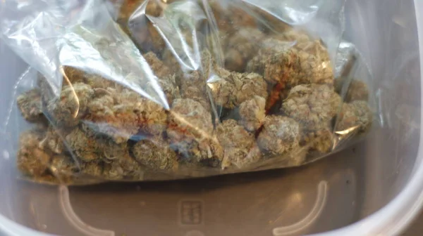 Der Blick Auf Eine Reißverschlusstasche Voller Marihuana Der Seite Verschüttet — Stockfoto
