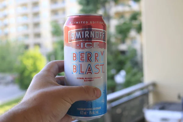 London Canada, June 09 2020: Editorial illustrative photo of Smirnoff ice berry blast alcoholic cooler. A common summer drink, theme of cooling off — Stock Photo, Image