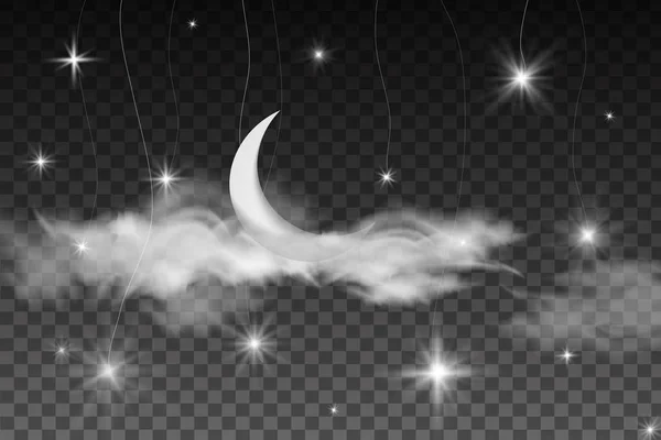 Biglietto d'auguri Ramadan con mezzaluna. Ramadan Kareem disegno islamico luna crescente su sfondo stellato con nuvole . — Vettoriale Stock