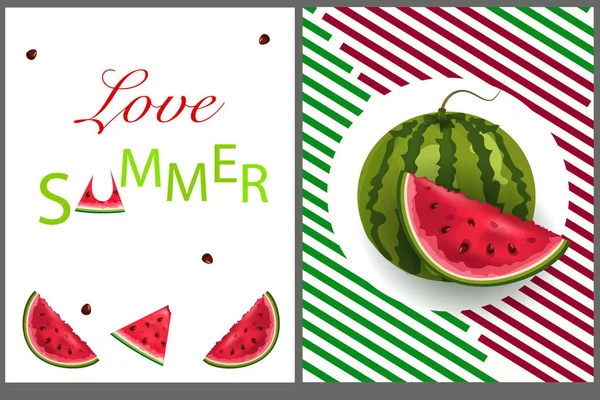 Hola verano. conjunto de tarjetas de felicitación diseño de letras con fruta de sandía de colores . — Vector de stock