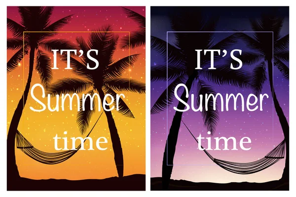 Привіт літо. Тропічний літній фон з долонями, небом і заходом сонця . — стоковий вектор