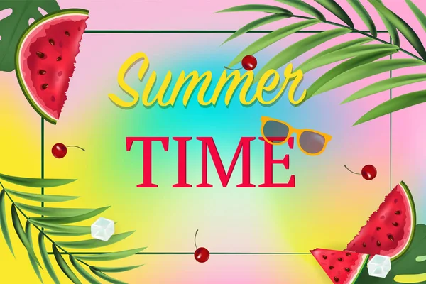 Hola verano. Patrón sin costuras con sandías, helado, rama de palma, cubitos de hielo sobre fondo de años coloridos — Vector de stock