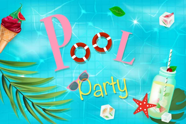 Swimming pool top view background. Texture of water surface. Overhead view. Pool party poster with inflatable balls , float Flamingo, tropical cocktail, watermelons, palm branch, ice cubes. EPS10 — Stock Vector