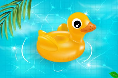 Daire Yüzme gerçekçi 3d pembe flamingo ve sarı lastik ördek vektör. Vektör sorunsuz doku. Yaz havuzu ile Seamless modeli komik karikatür tarzı yüzen