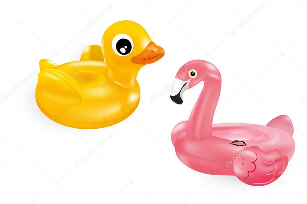 Yellow rubber duck swimming circle and pink rubber flamingo swimming circle