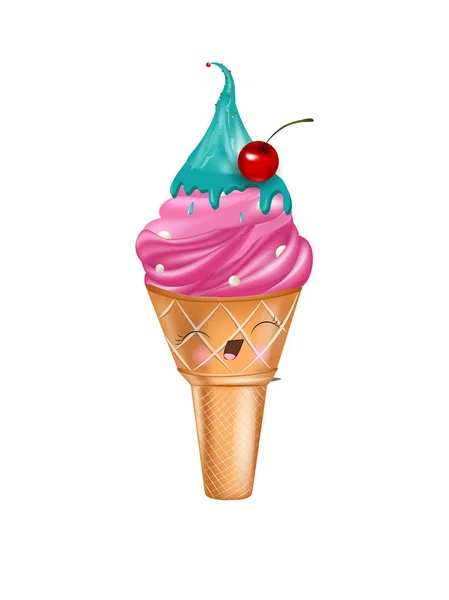 Délicieuse crème glacée colorée dans un cône de gaufre isolé sur fond blanc. Illustration vectorielle pour la conception web ou l'impression — Image vectorielle