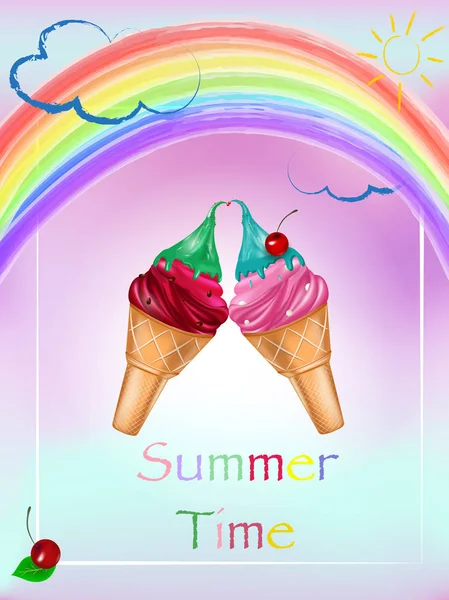 Cartaz de gelado. Ilustração de férias de verão. Delicioso sorvete colorido em cone de waffle  . —  Vetores de Stock