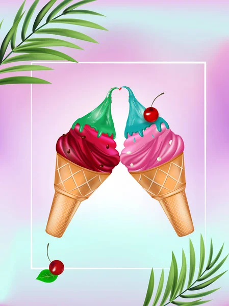 Cartaz de gelado. Ilustração de férias de verão. Delicioso sorvete colorido em cone de waffle  . — Vetor de Stock